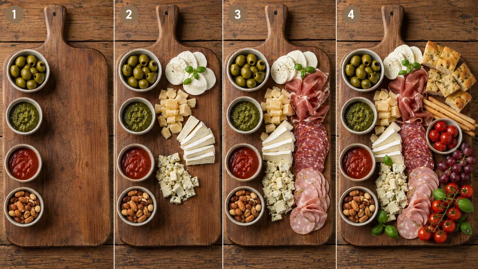 Stap voor stap een Italiaanse borrelplank opbouwen met schaaltjes, kaas, vleeswaren en brood
