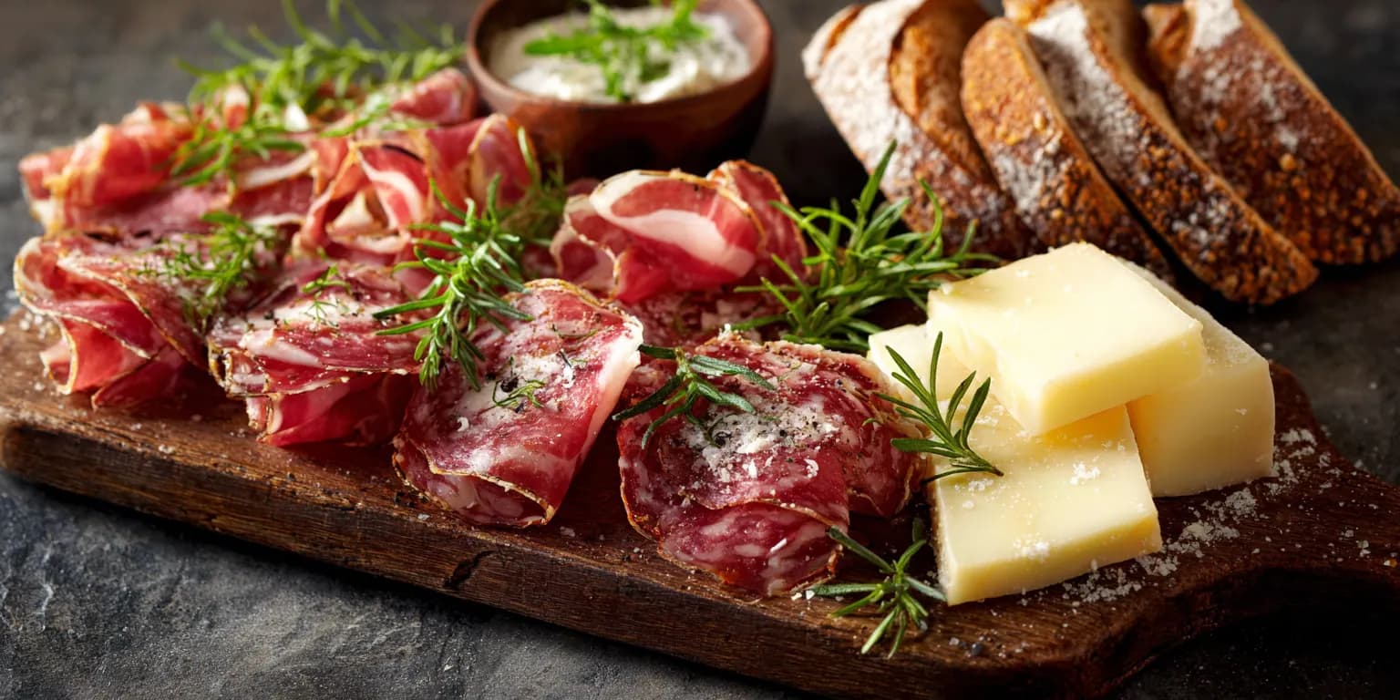 Italiaanse borrelplank met salumi, brood, kaas en kruidendip