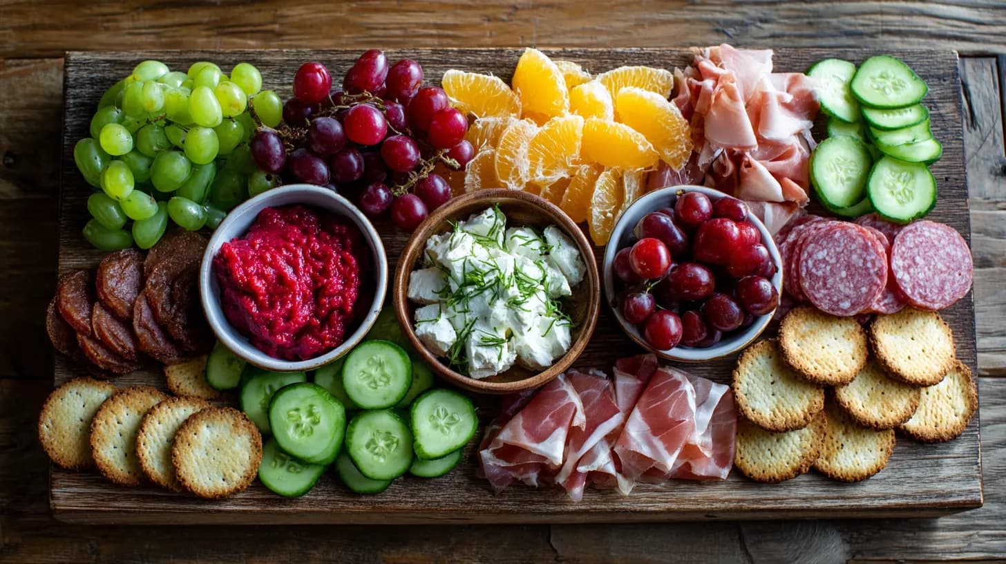 Borrelplank met charcuterie en dips