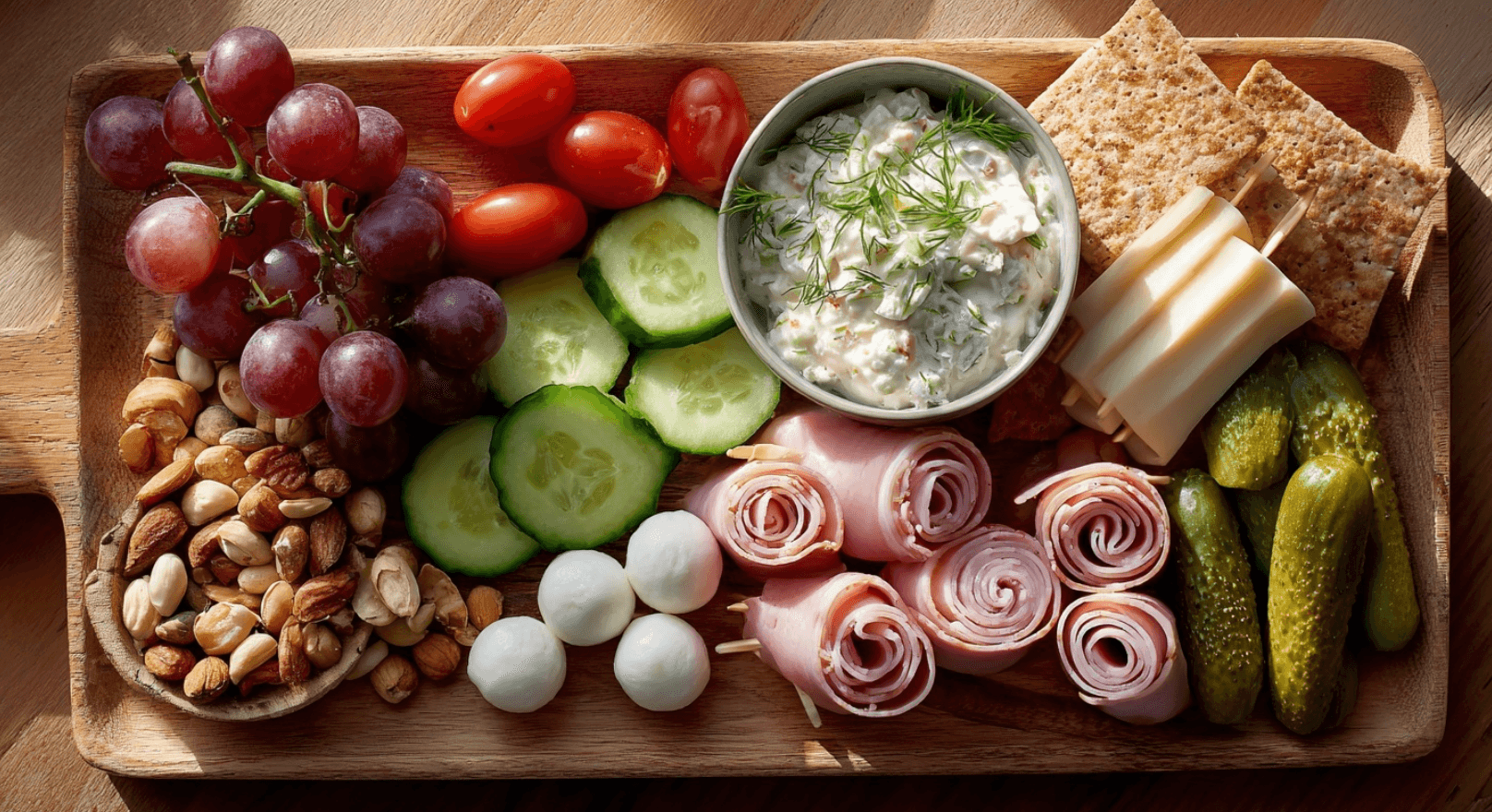 Borrelplank met hamrolletjes en komkommer