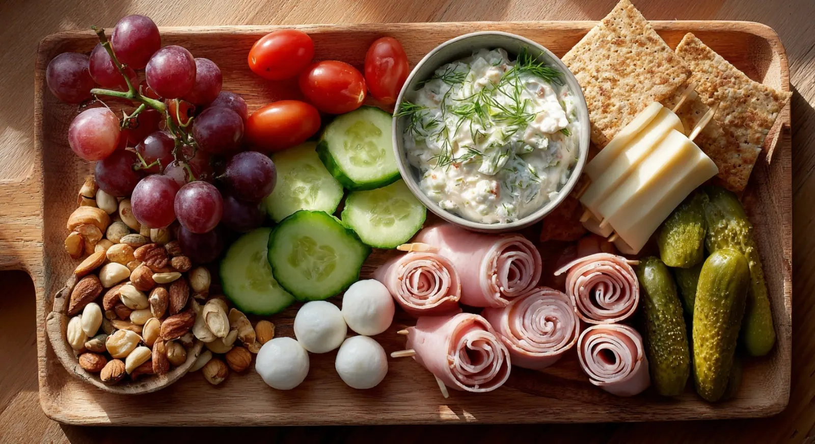 Borrelplank met hamrolletjes en komkommer