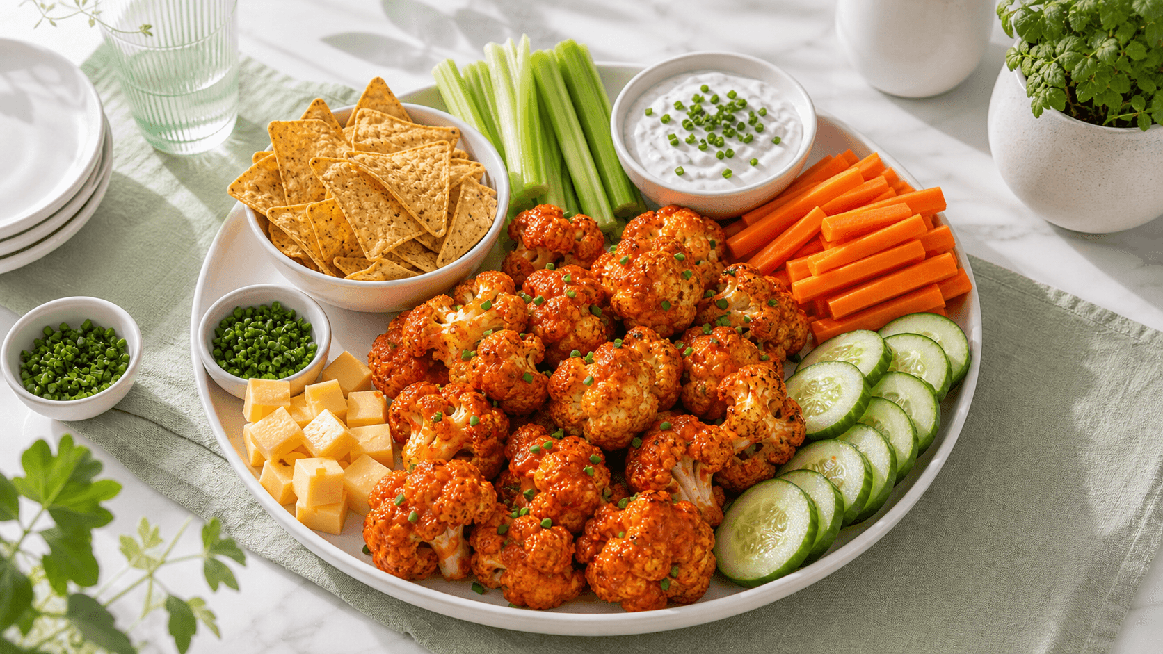 Buffalo bloemkool voetbalplank met ranchdip