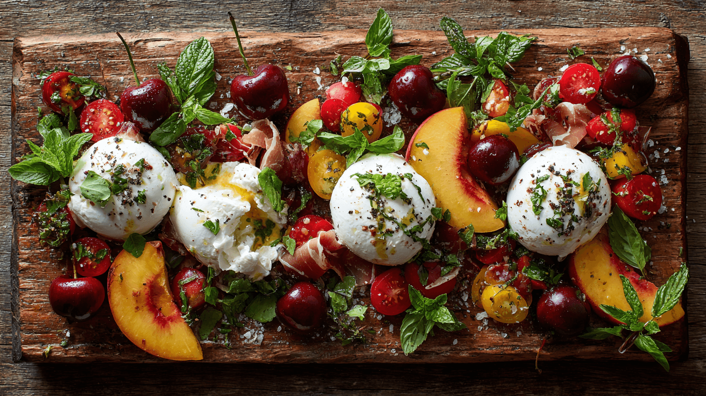 Burrata borrelplank met perzik, tomaat en prosciutto