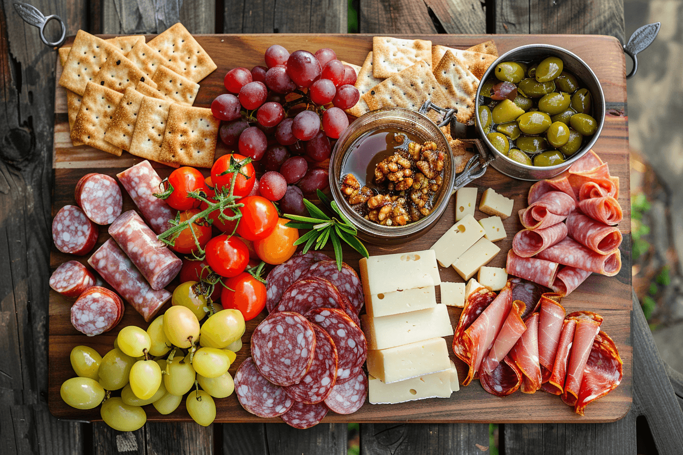 Camping borrelplank met worst, kaas en crackers
