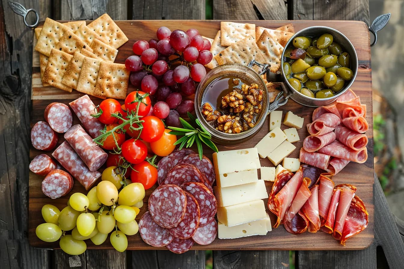 Camping borrelplank met worst, kaas en crackers