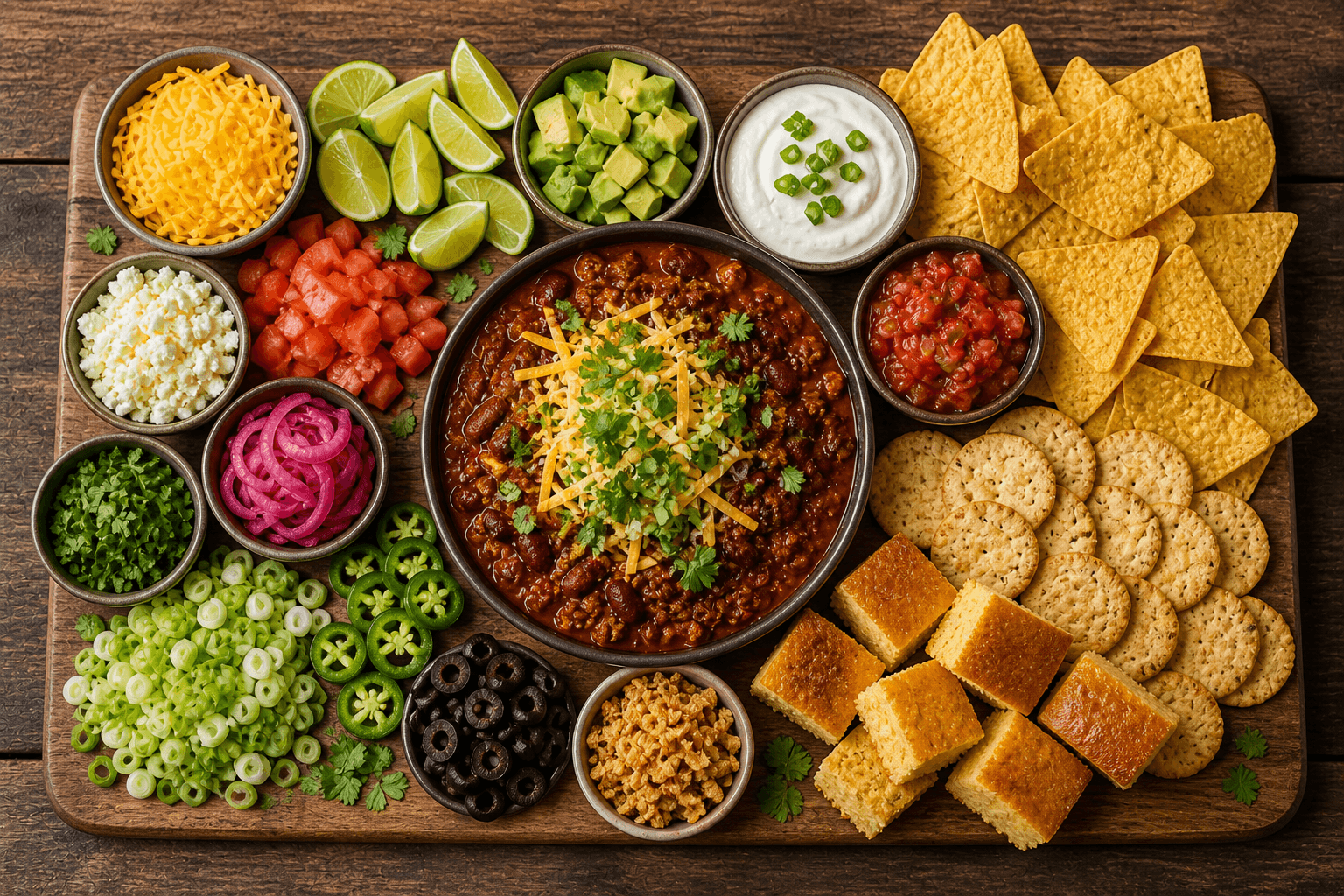 Chili borrelplank met toppings en tortilla chips