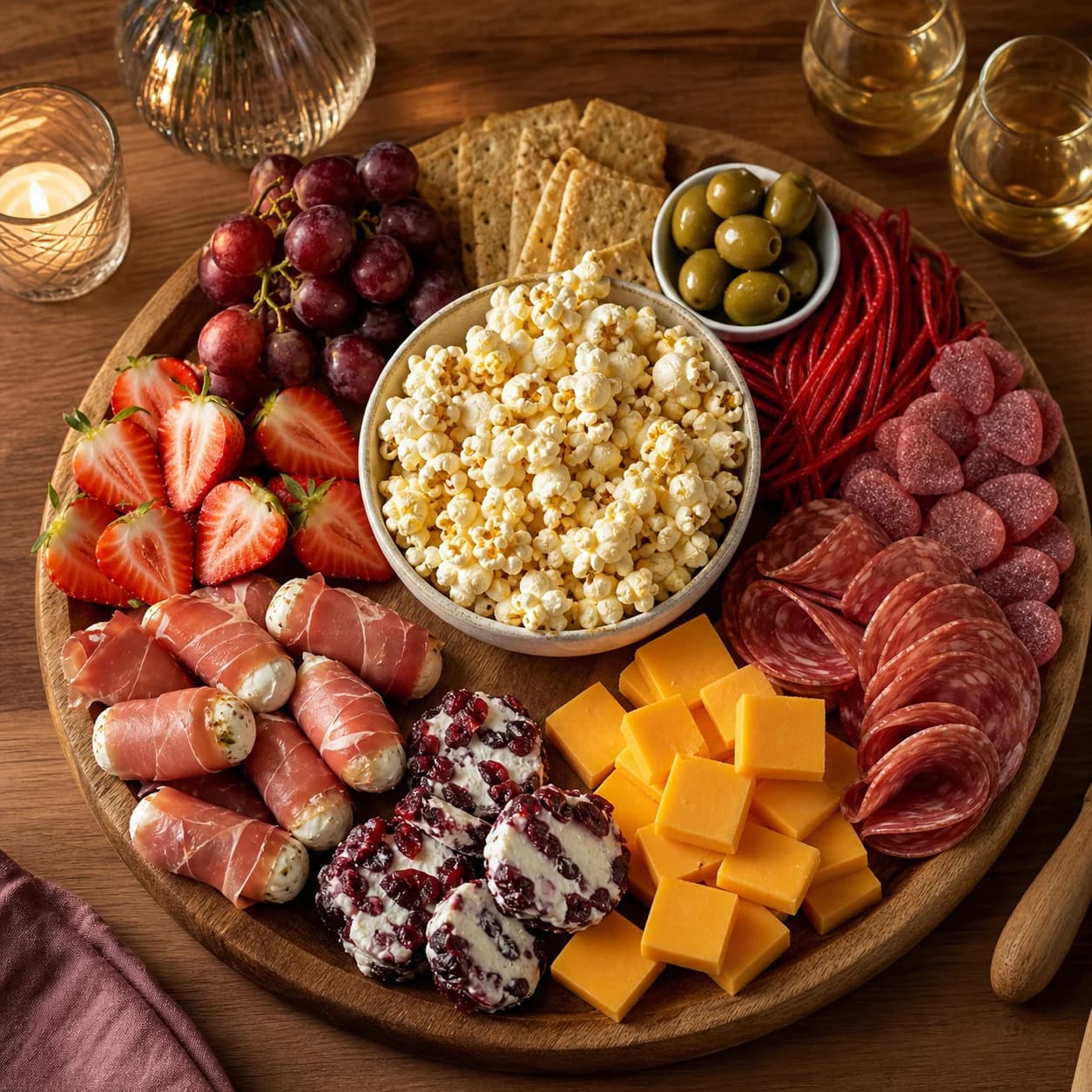 Date night borrelplank met popcorn, kaas en zoetigheid