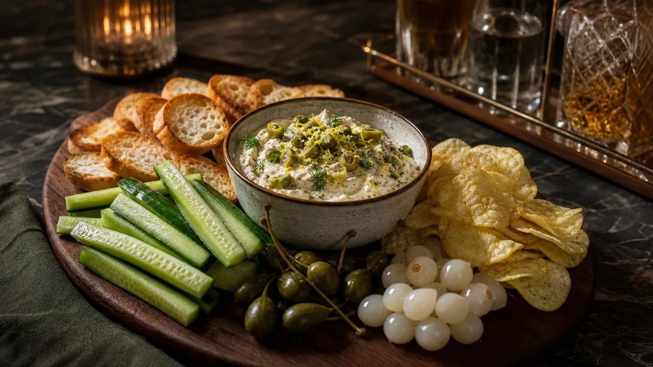 Dirty martini dip borrelplank met olijven en toast