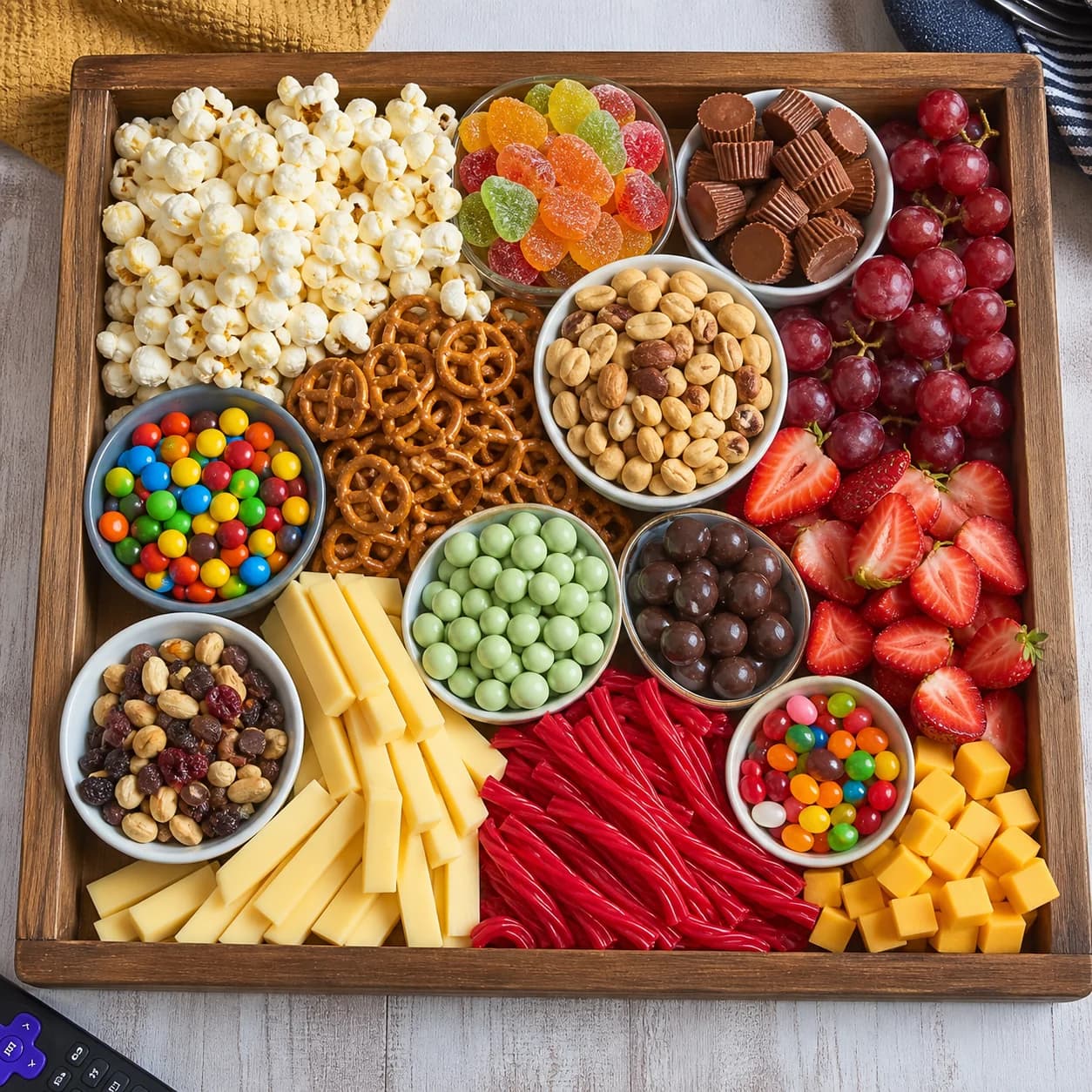 Filmavond borrelplank met popcorn, fruit en snoep