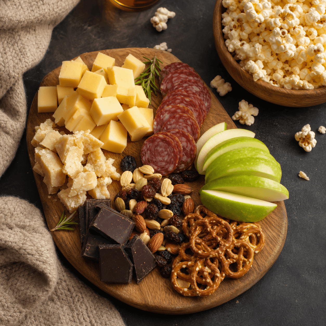 Filmavond kaasplank met popcorn, appel en chocolade