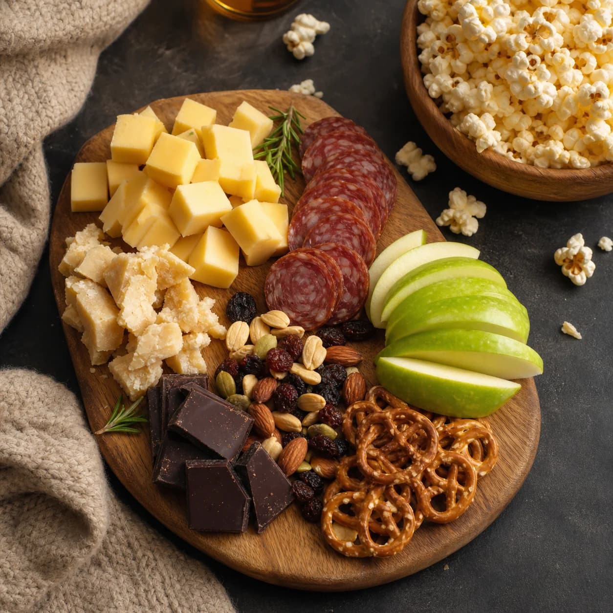 Filmavond kaasplank met popcorn, appel en chocolade