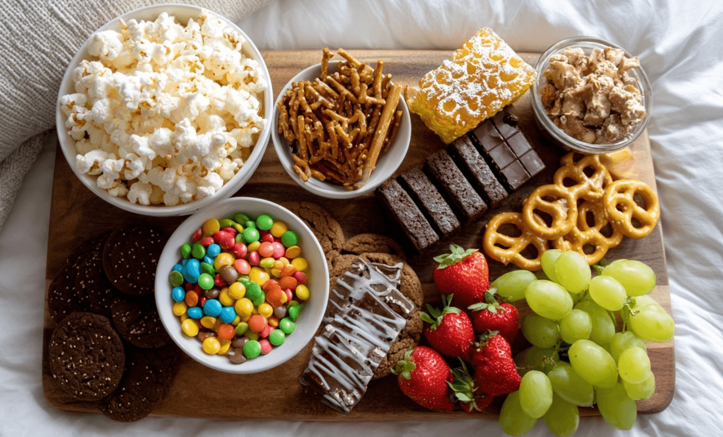 Filmavond plank met popcorn en snacks