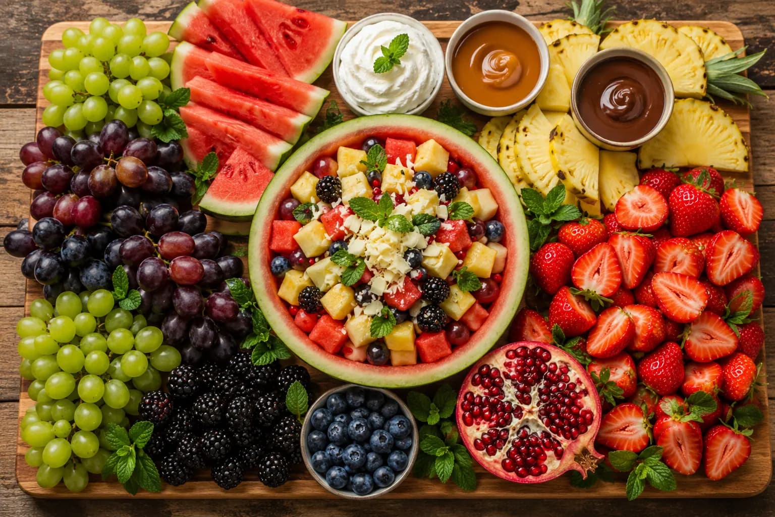 Fruitplank met honing-muntsalade en dips