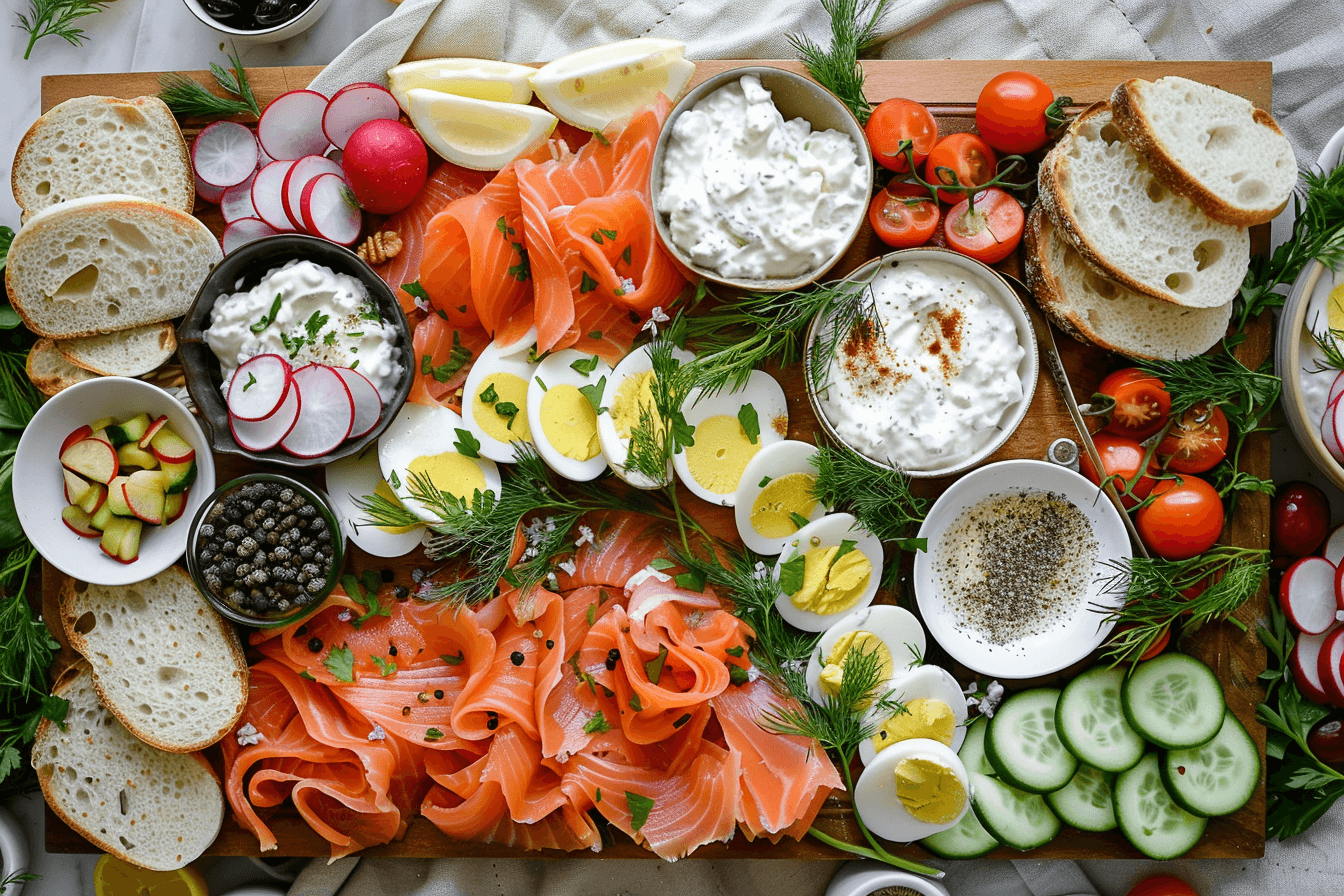 Gerookte zalmplank met roomkaas en bagel-toppings