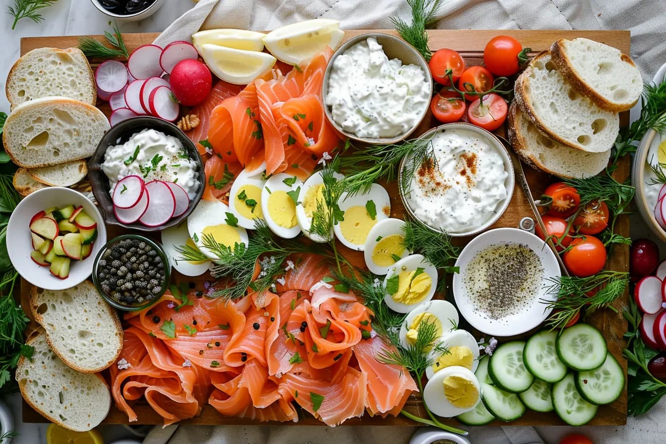 Gerookte zalmplank met roomkaas en bagel-toppings