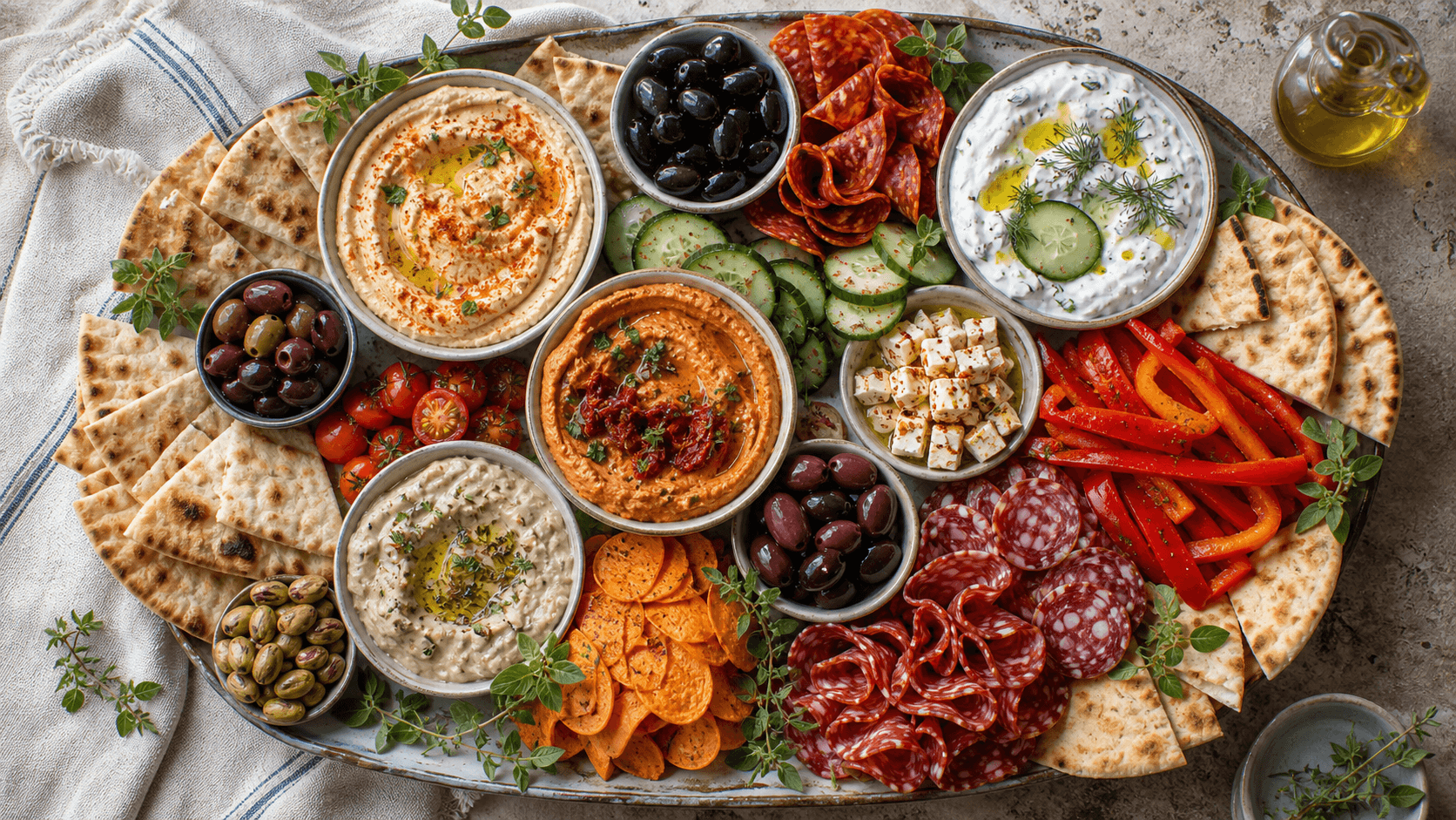 Griekse borrelplank met pita, hummus en tzatziki