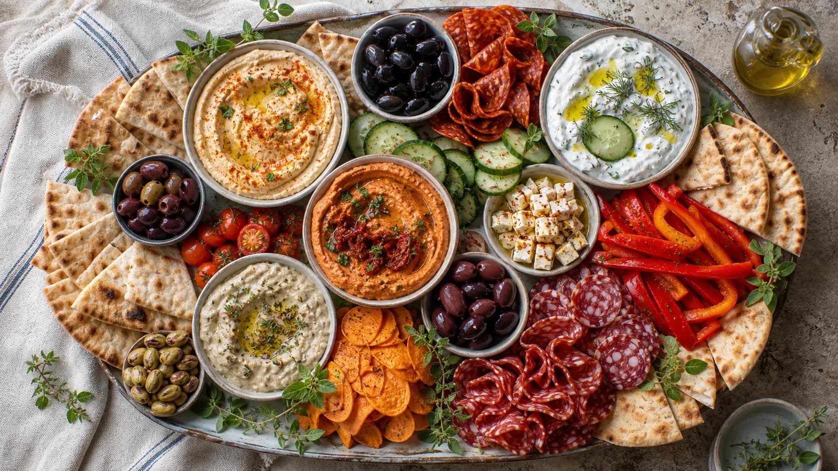 Griekse borrelplank met pita, hummus en tzatziki
