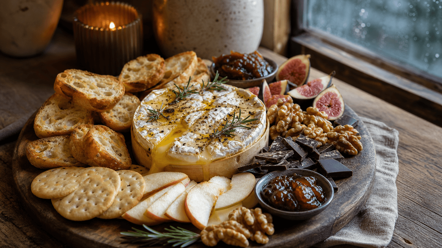 Hartige s'mores camembert plank met appel en crackers
