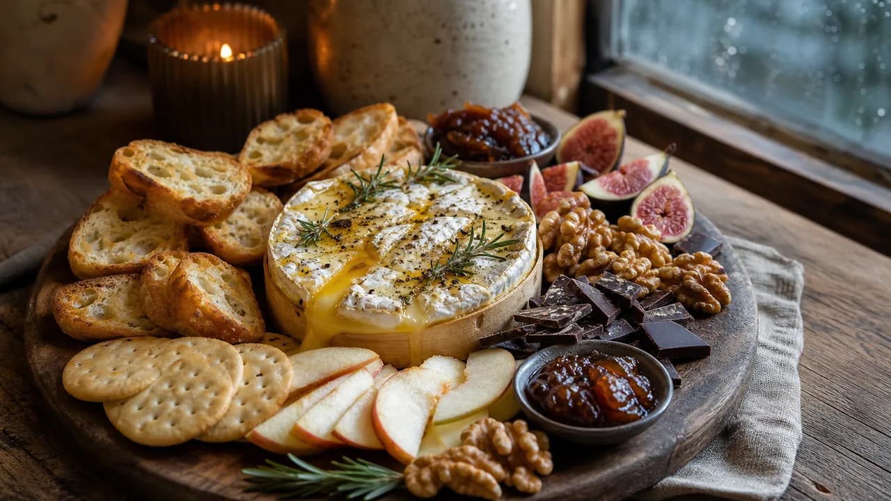 Hartige s'mores camembert plank met appel en crackers