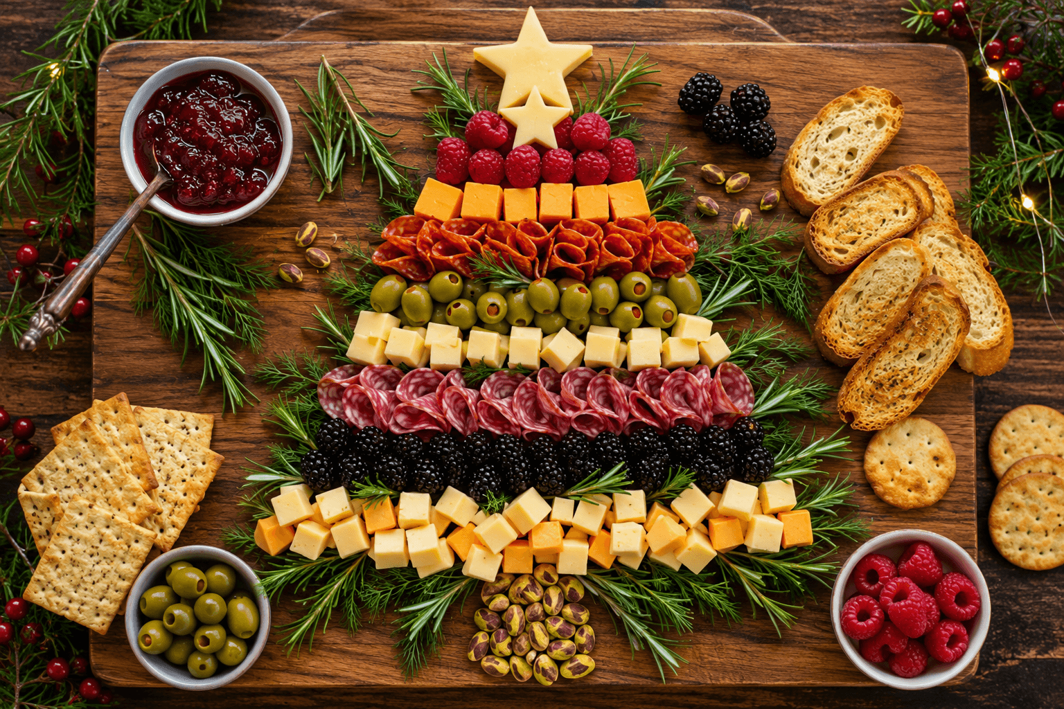 Kleine kerstboom borrelplank met kaas en salami