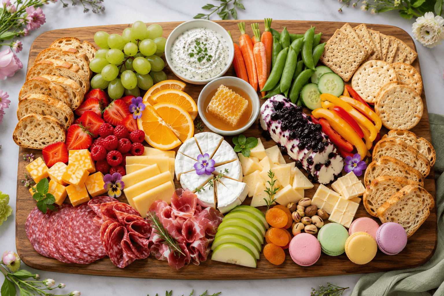 Lente charcuterieplank met fruit, groente en kaas