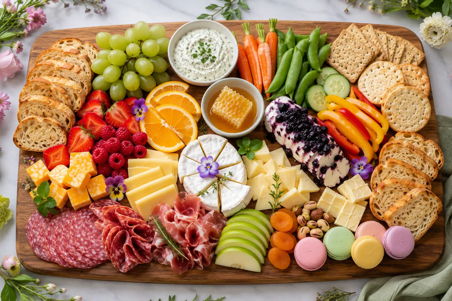 Lente charcuterieplank met fruit, groente en kaas