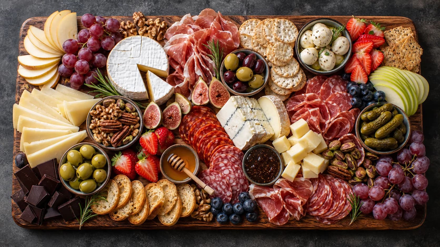 Luxe borrelplank met kaas, vleeswaren, fruit en noten