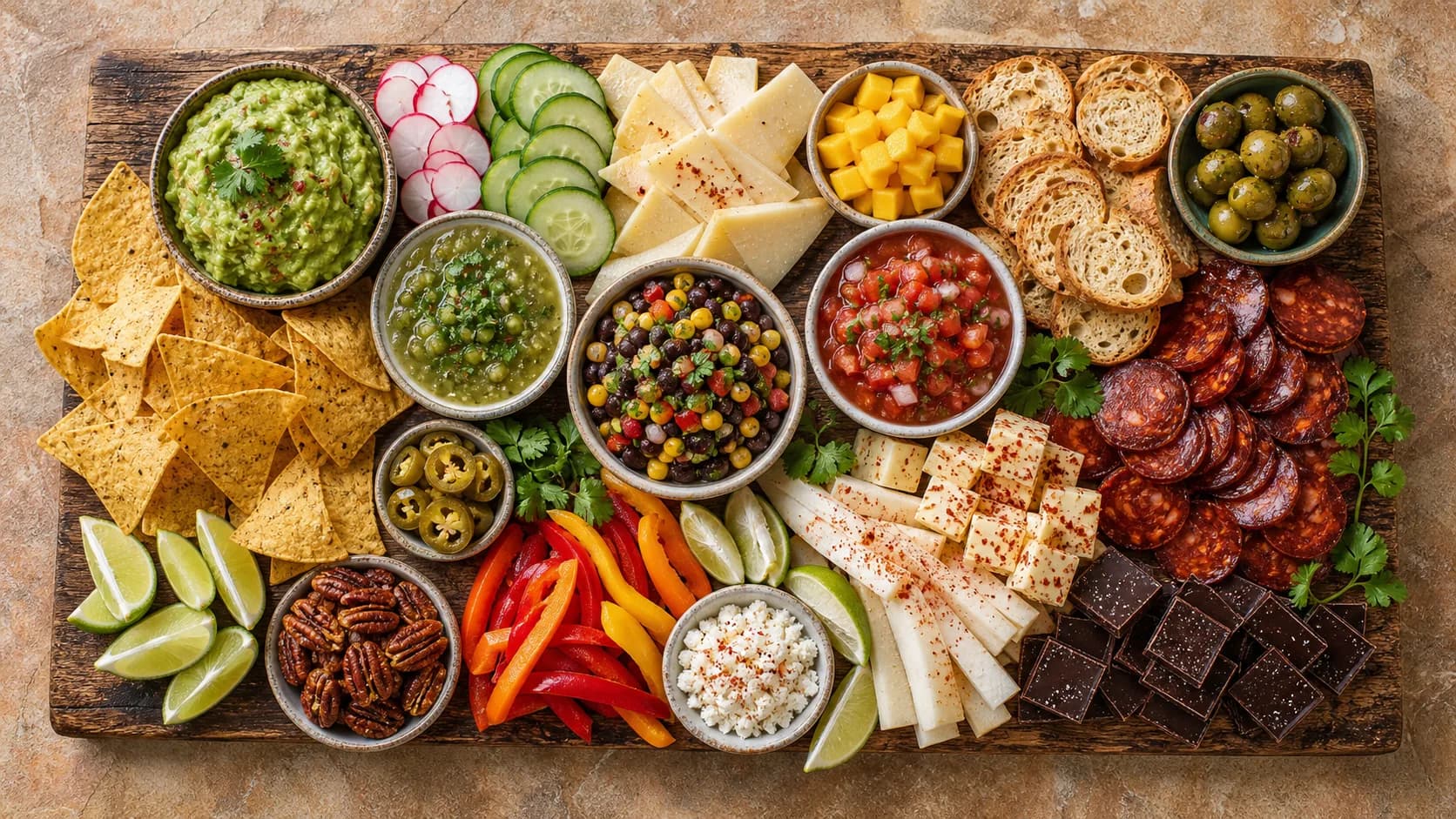 Mexicaanse borrelplank met salsa, tortillachips en chorizo