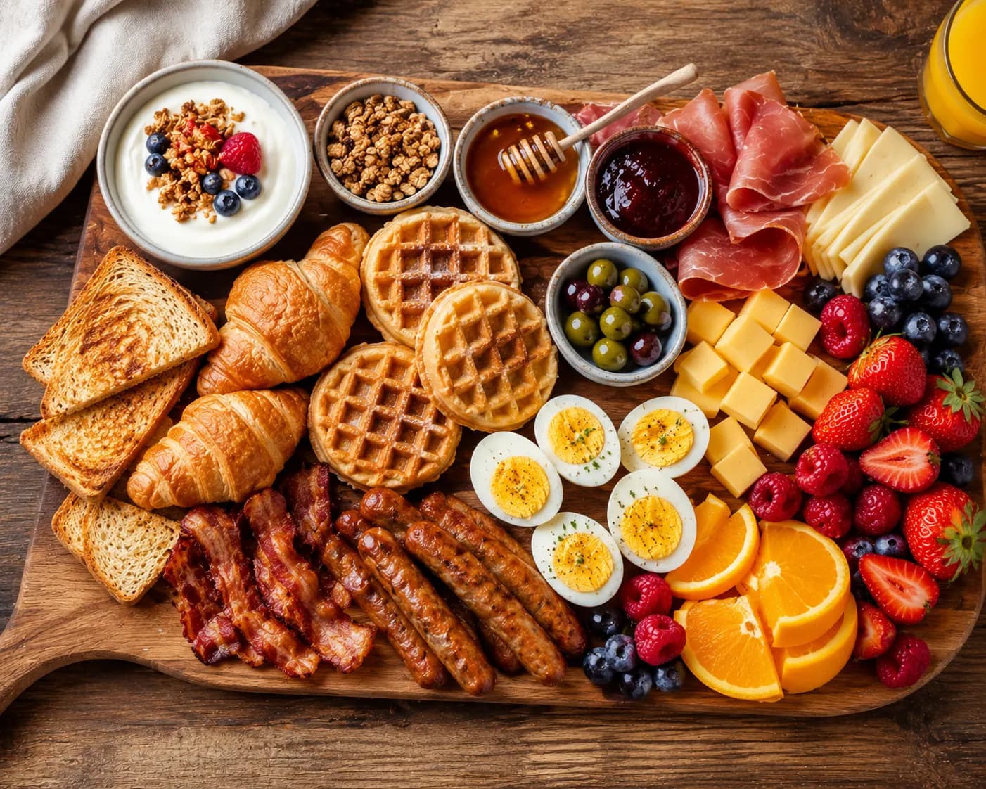 Ontbijt borrelplank met yoghurt, wafels en ei