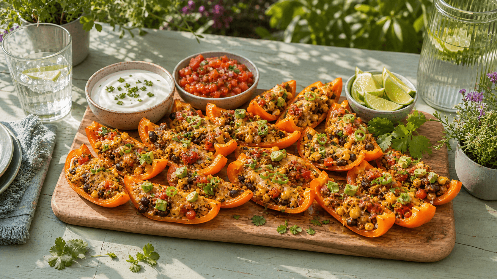 Oranje paprika nacho plank voor voetbalavond