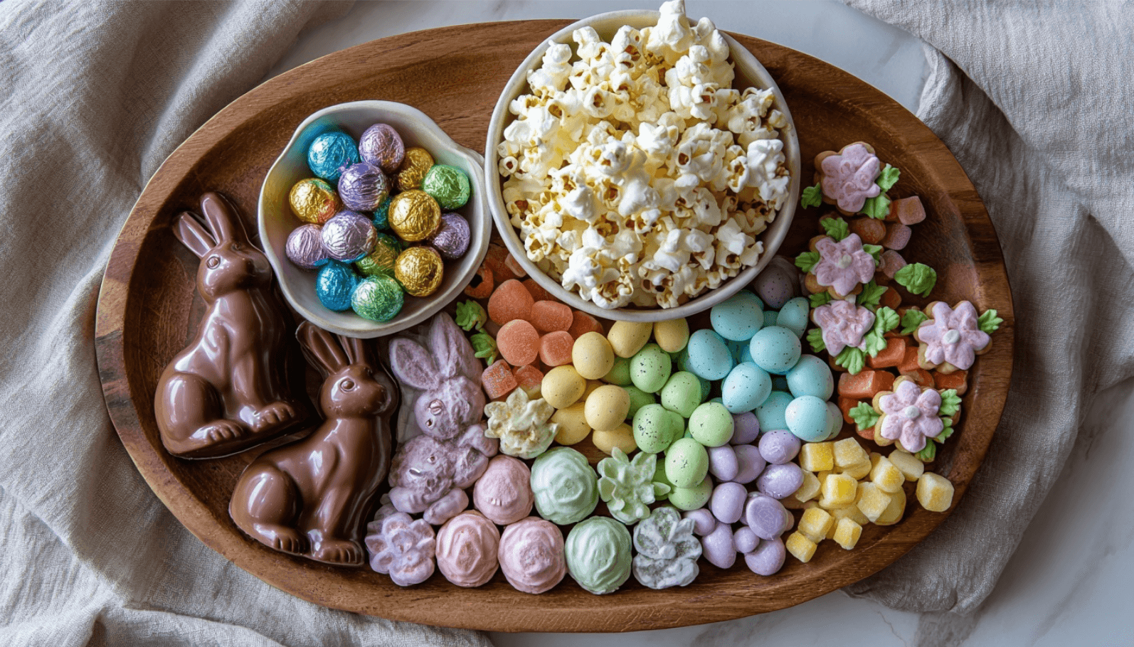 Paas snoepplank met chocolade en popcorn