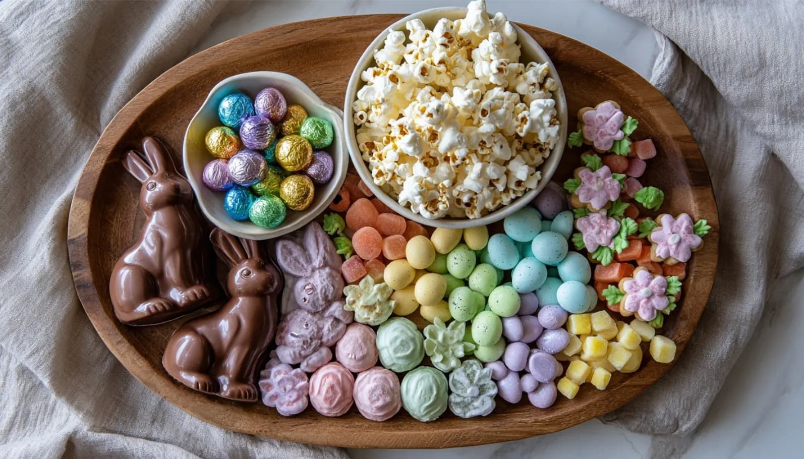 Paas snoepplank met chocolade en popcorn