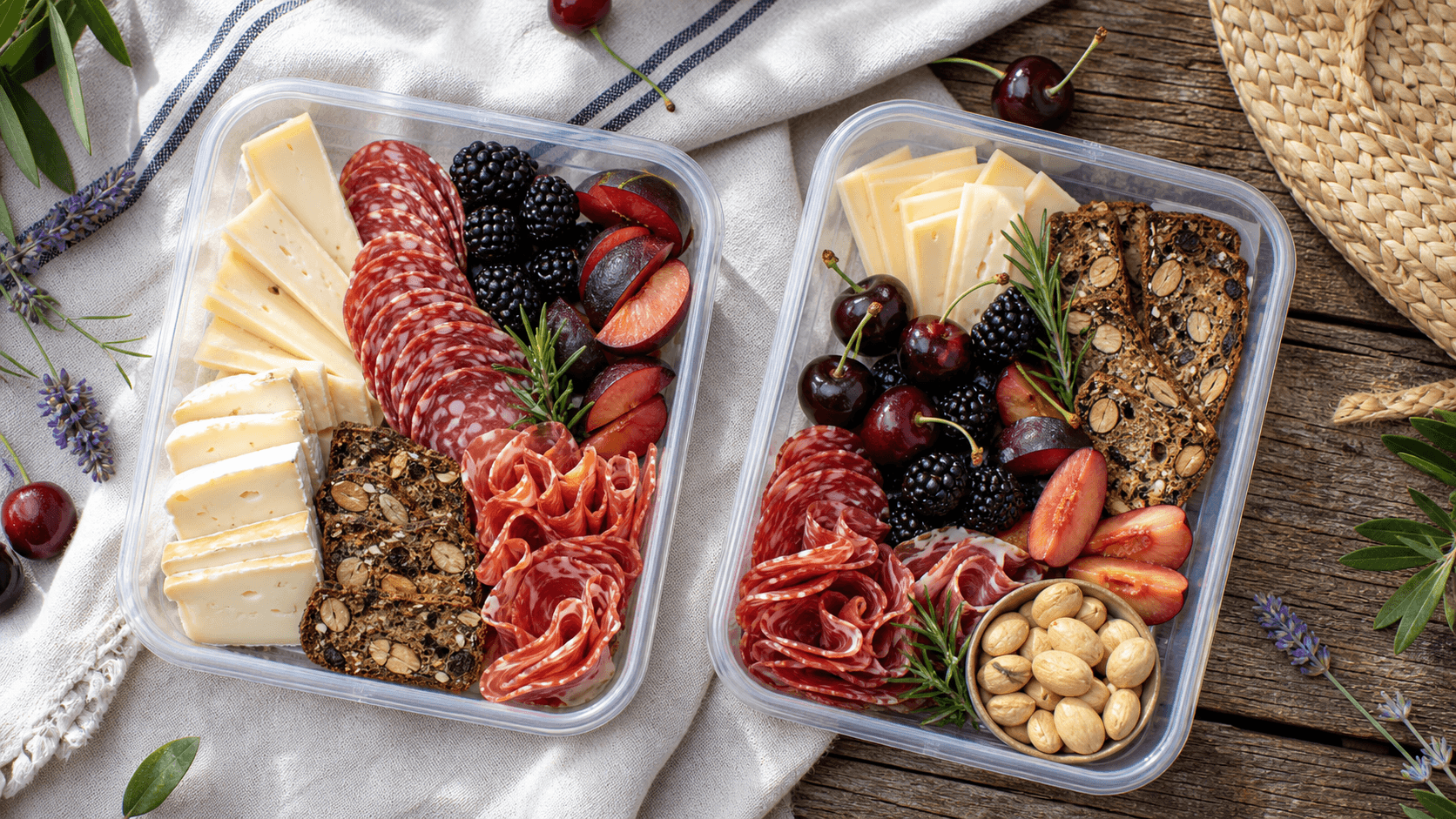 Picknick borrelplank met kaas, salami en zomerfruit