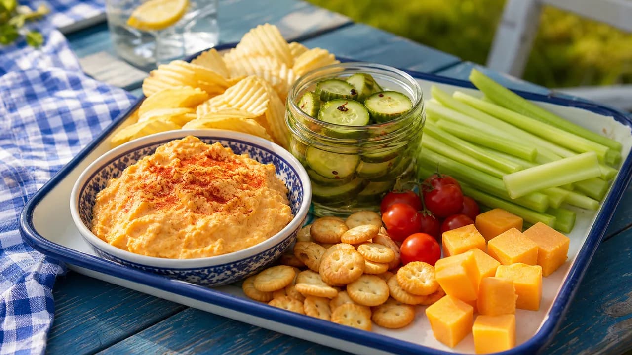 Pimento cheese borrelplank met pickles en chips
