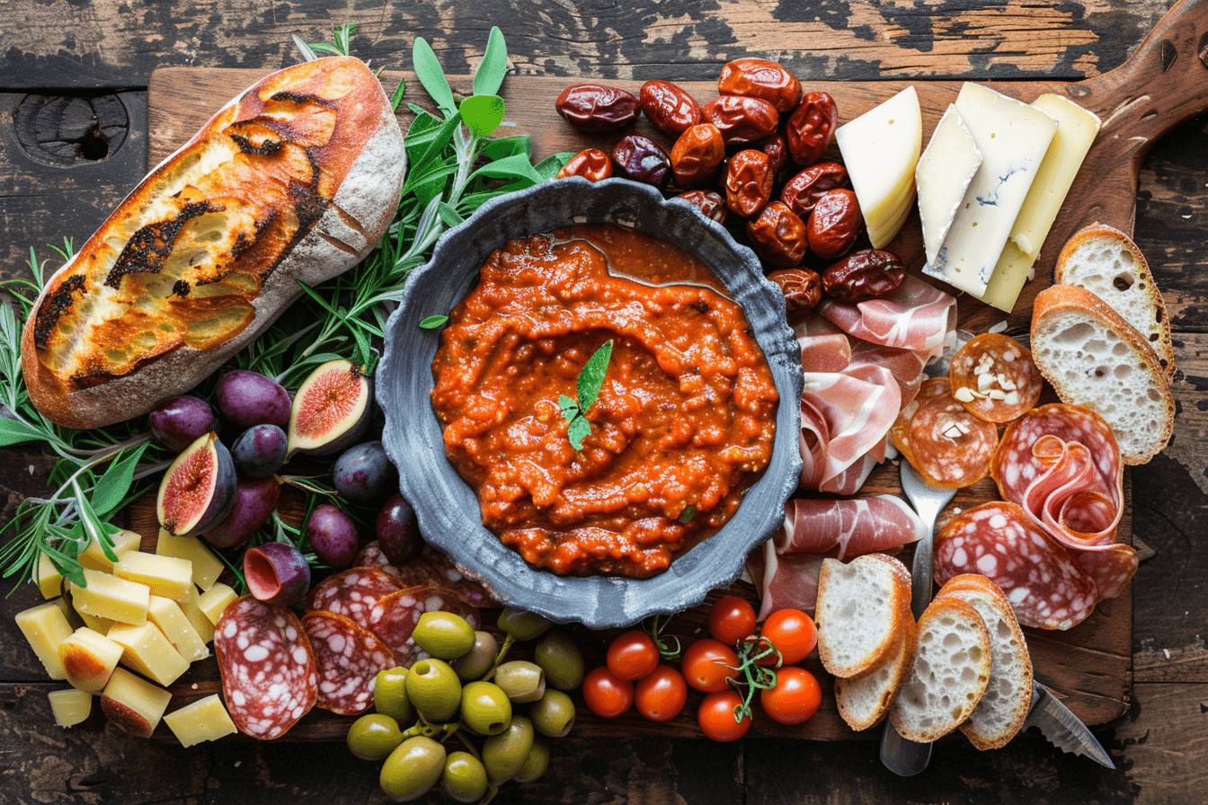 Spaanse kaasplank met romesco, chorizo en manchego