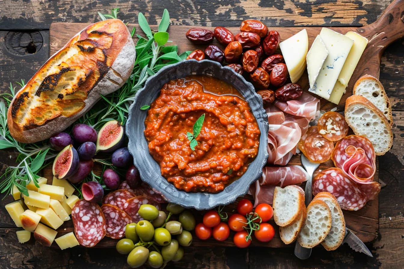 Spaanse kaasplank met romesco, chorizo en manchego