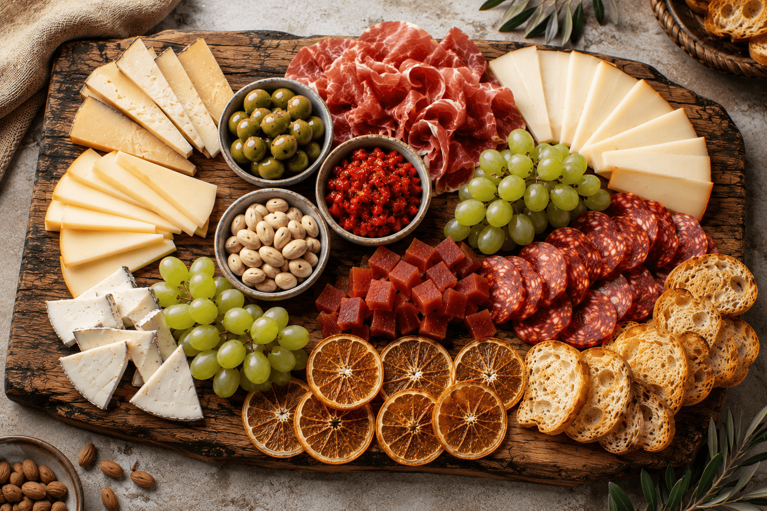Spaanse tapas borrelplank met manchego en chorizo