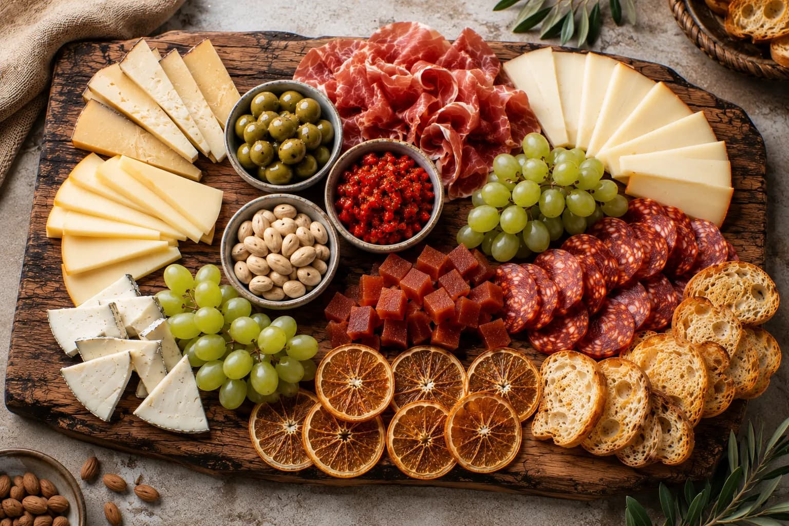 Spaanse tapas borrelplank met manchego en chorizo