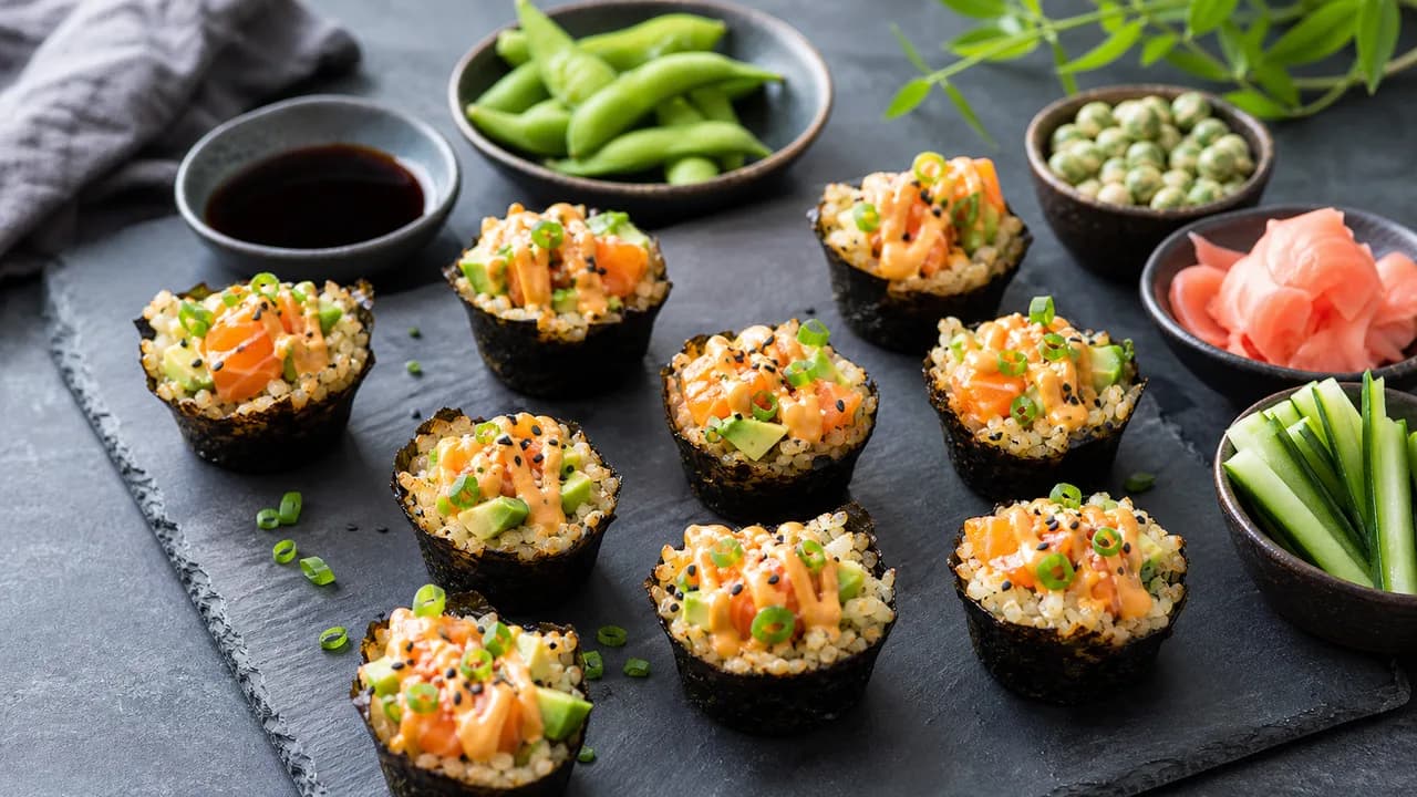 Sushi cups borrelplank met zalm, avocado en edamame