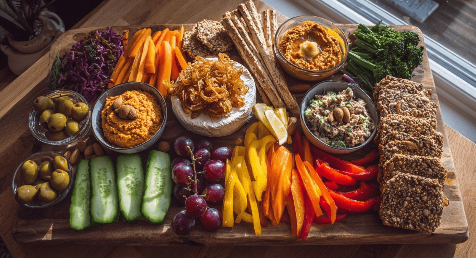 Vegan borrelplank met camembert en dips