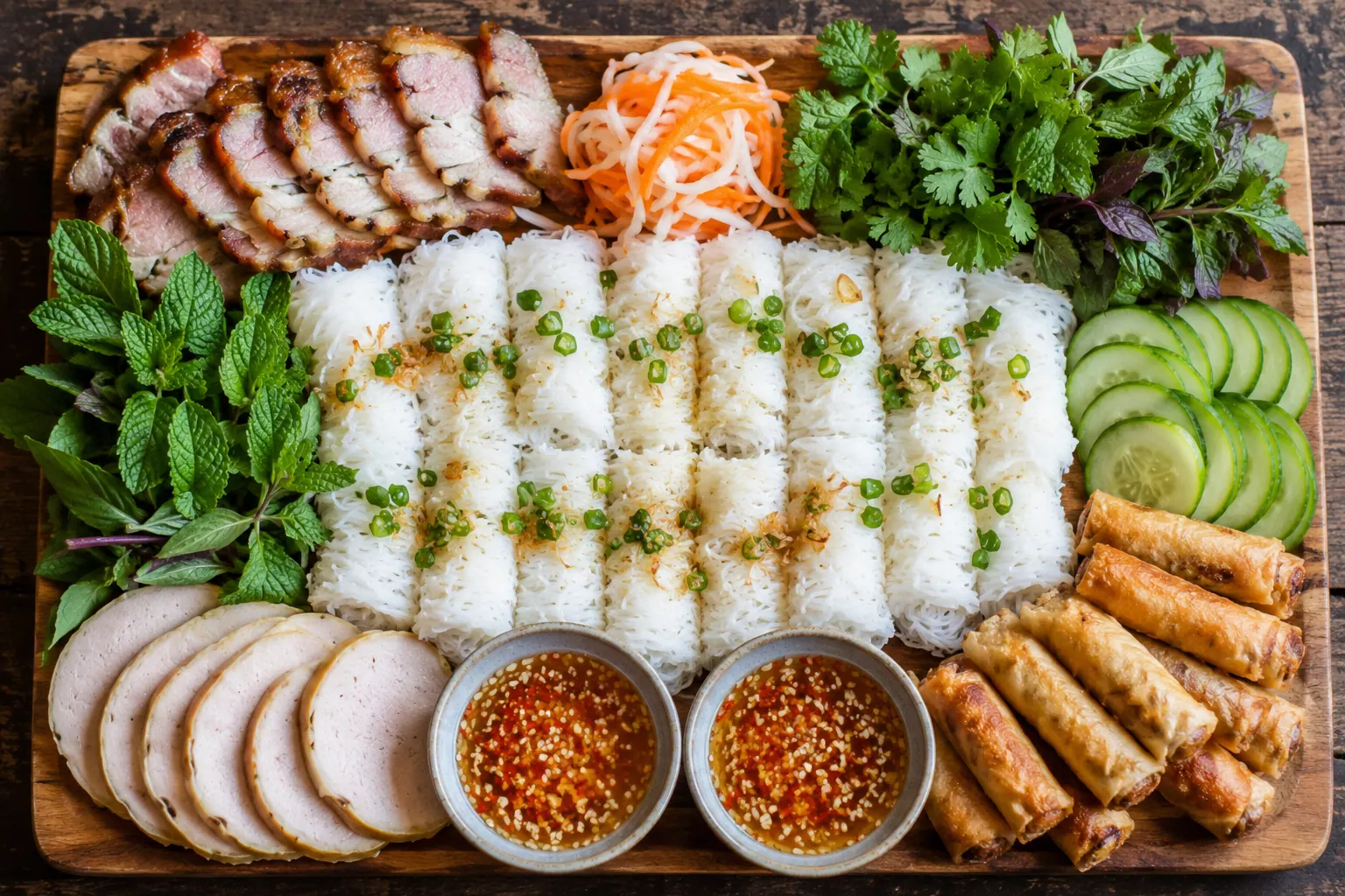 Vietnamese bánh hỏi plank met varkensvlees en kruiden