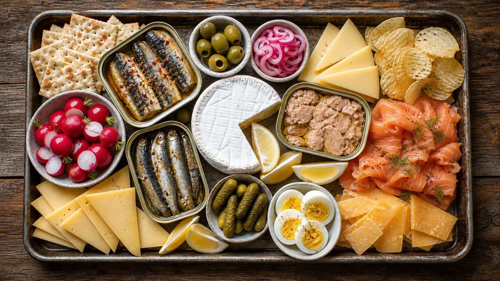 Vis uit blik borrelplank met makreel, sardines en zalm