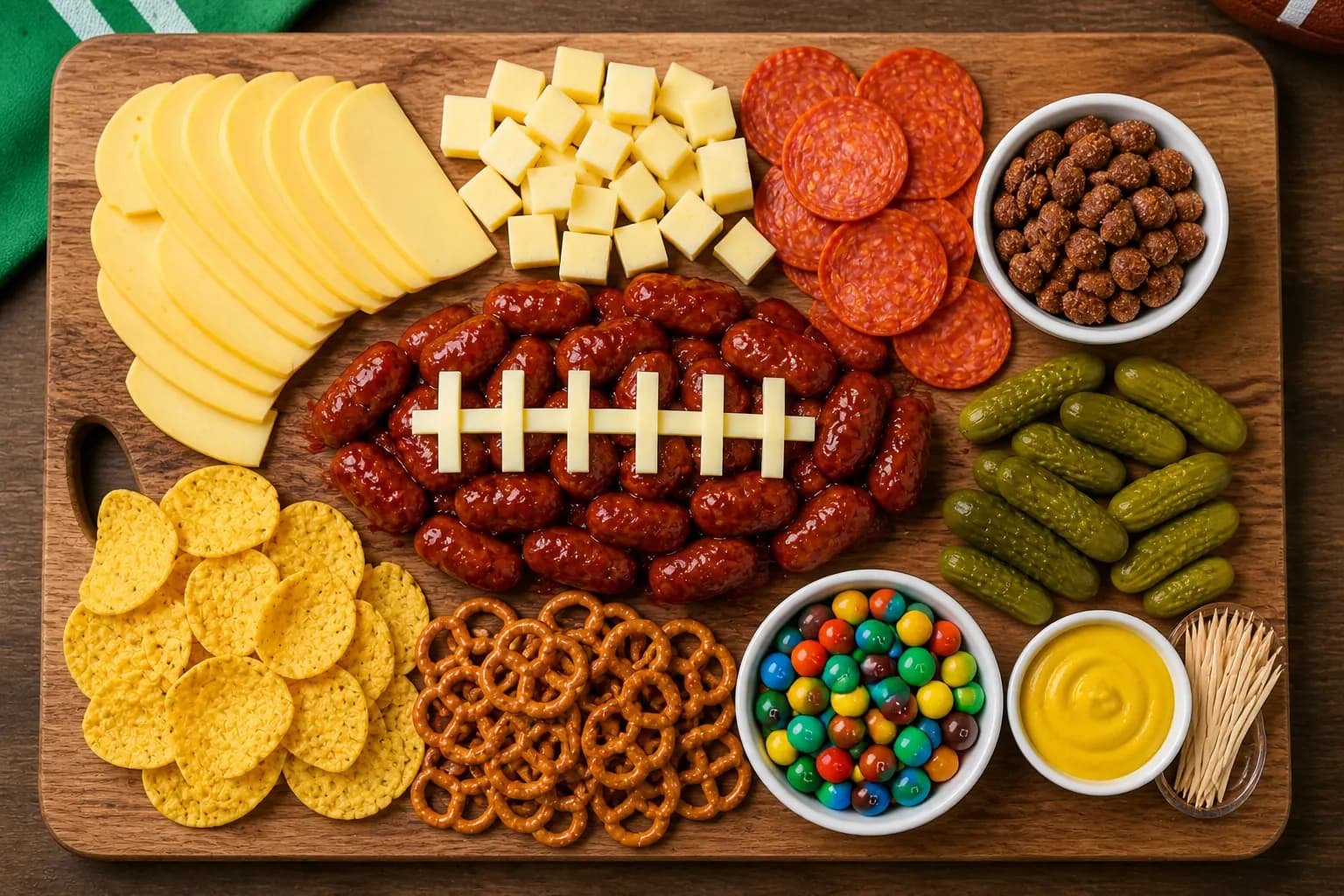Voetbal borrelplank met worstjes en pretzels