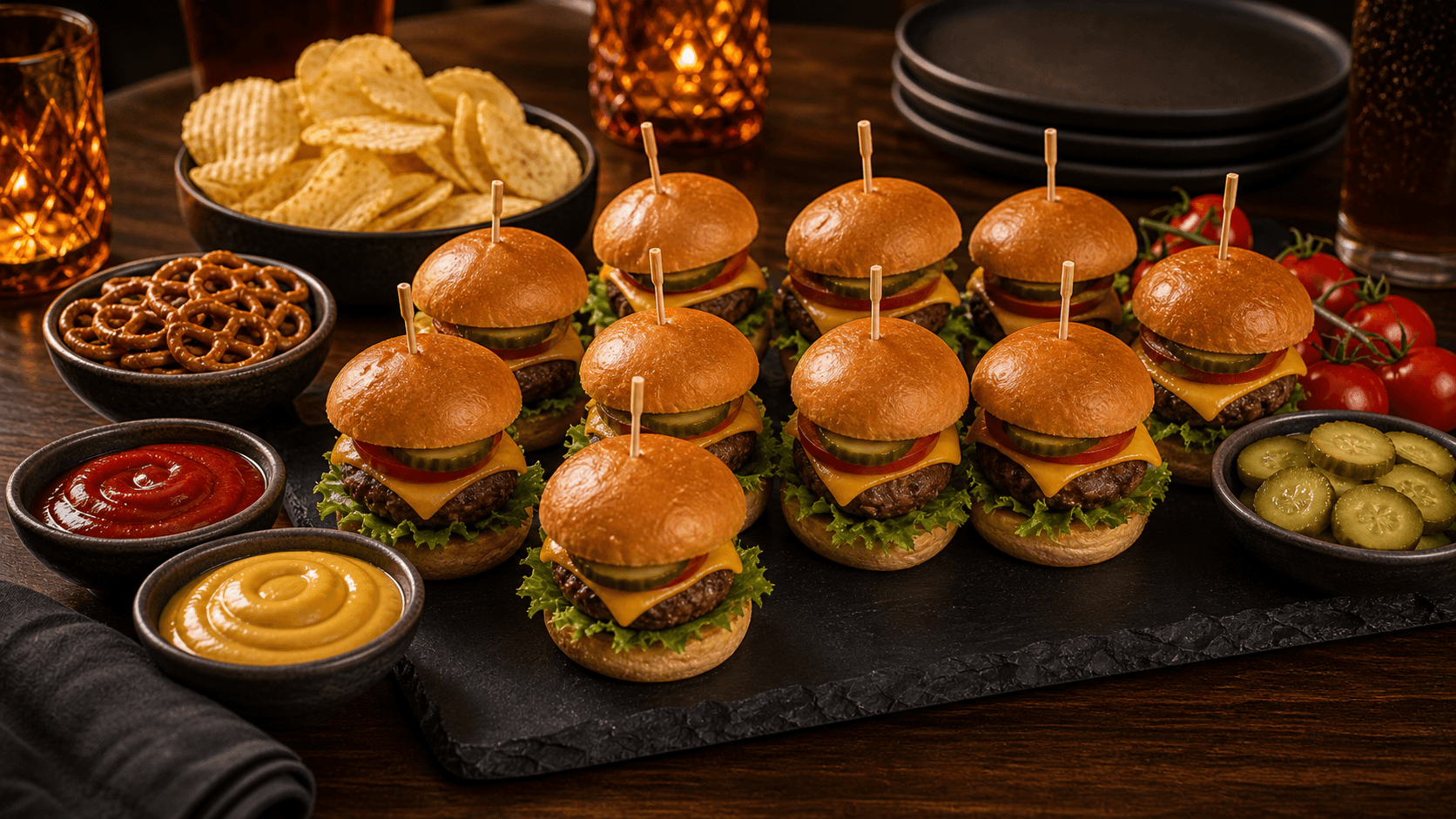 Voetbal sliders borrelplank met mini broodjes en dips