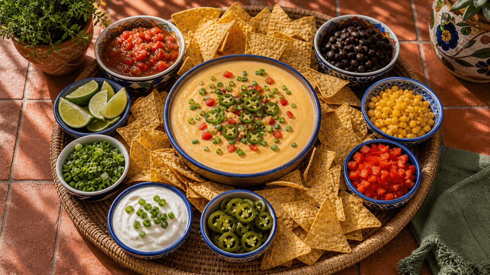 WK queso dip plank met tortillachips en toppings