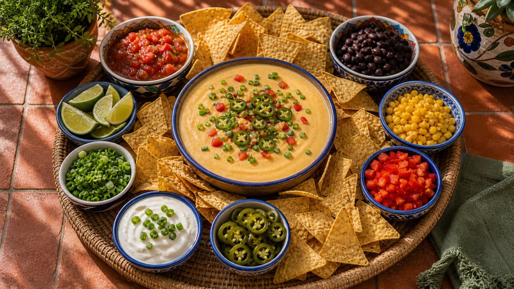 WK queso dip plank met tortillachips en toppings
