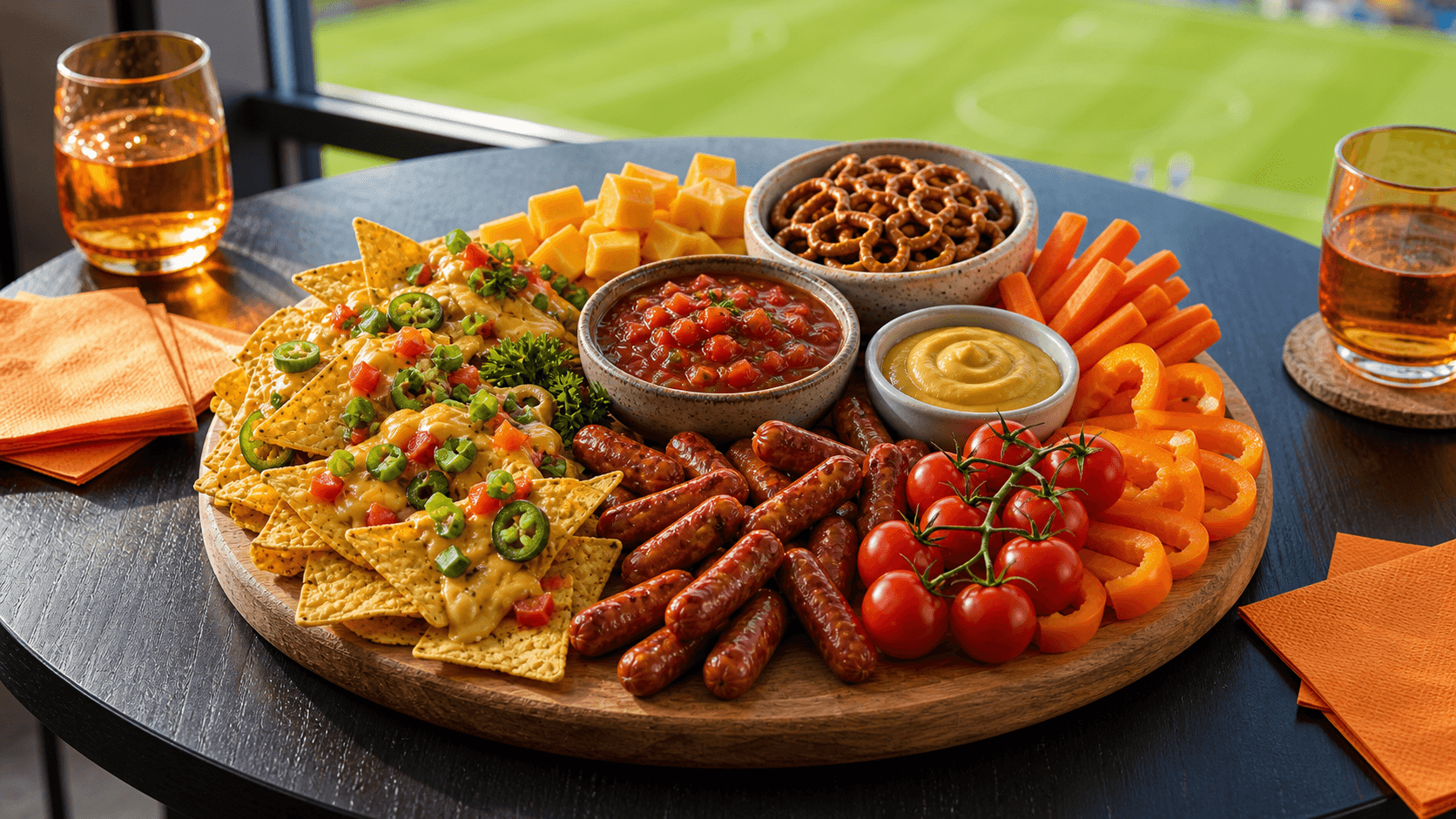WK voetbal borrelplank met nacho's, worstjes en oranje groente