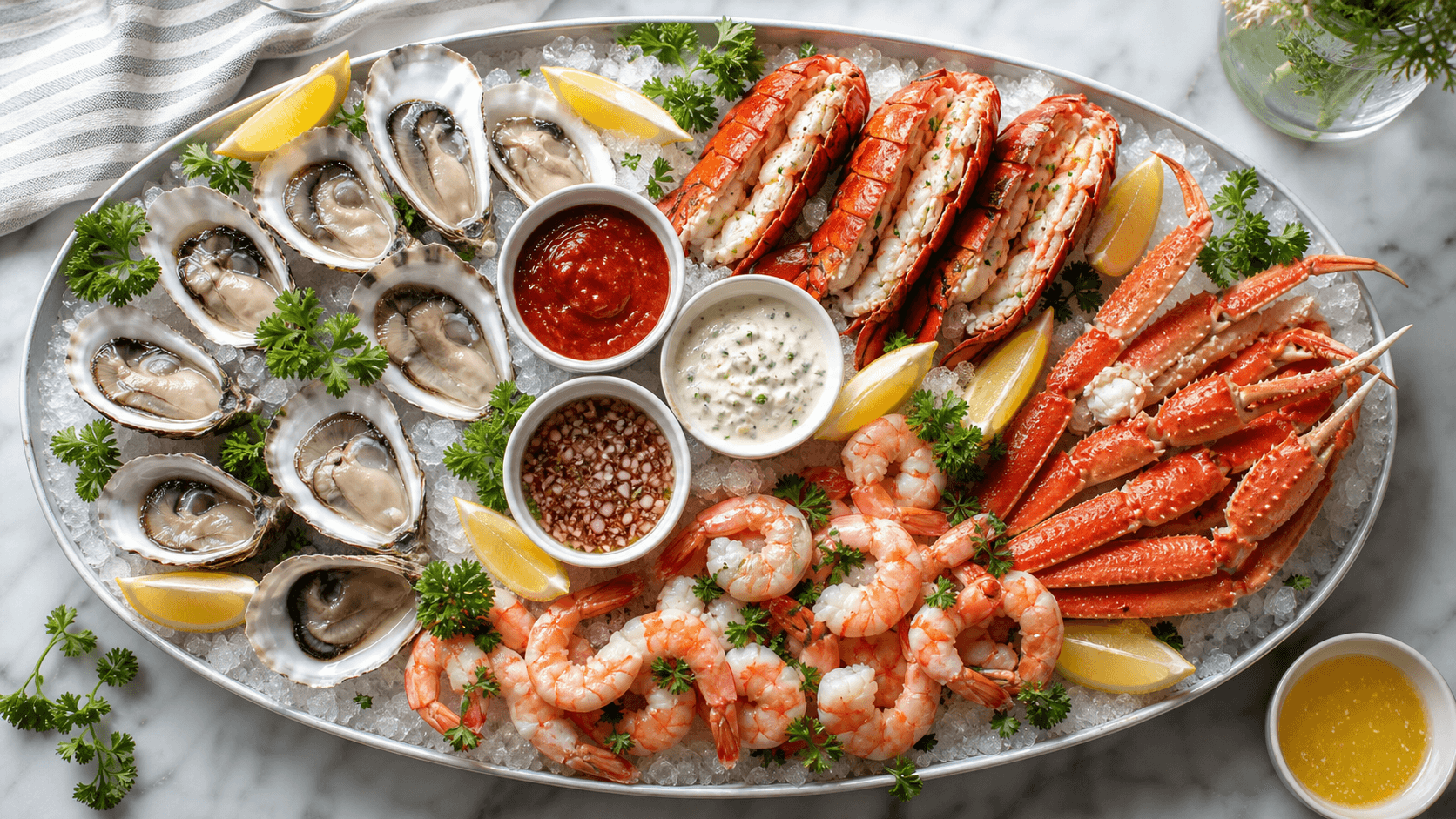 Zeevruchten borrelplank met oesters, krab en garnalen